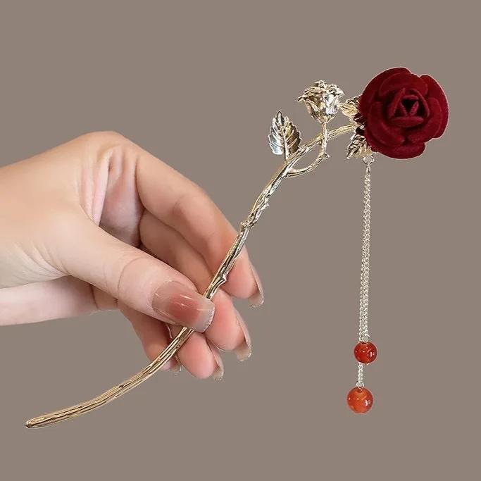 Retro Chinese Style Tassel Hair Clip For Women Hair Stick Pins Flower Handmade Hairpins Charm Jewelry Accessories Hair Ornaments