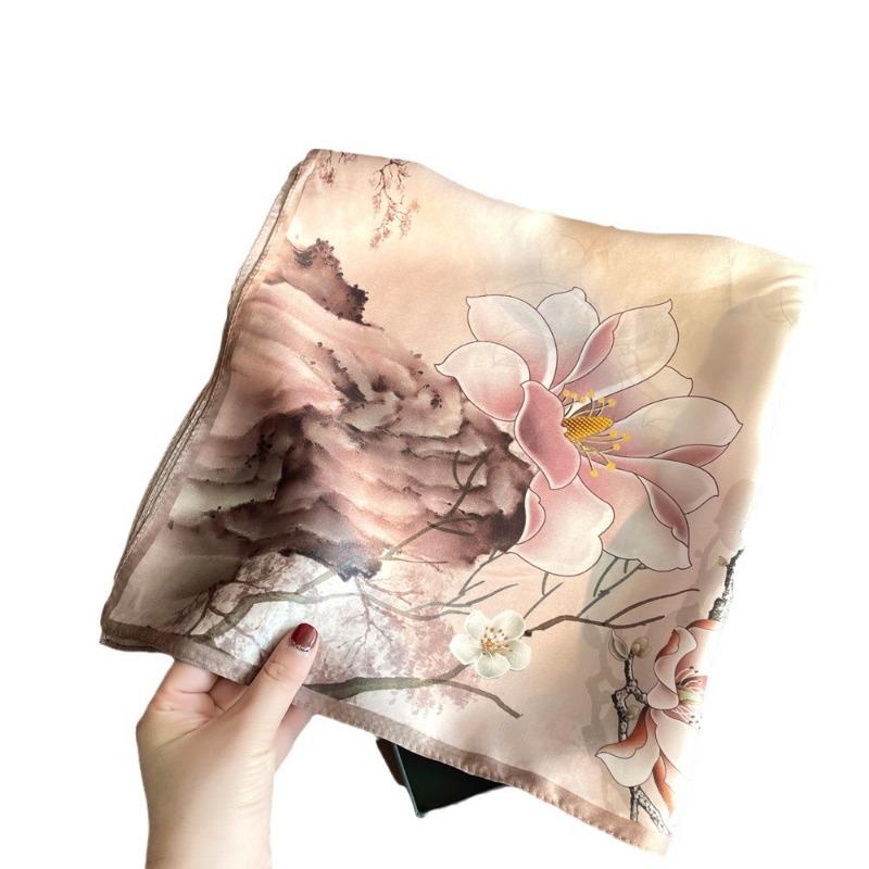 Spring new plain crepe satin silk scarf women's mulberry silk cherry blossom printing silk scarf versatile small square scarf