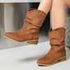 Womens Plus Size Western Style Chunky Heel Mid-Calf Boots Casual Round Toe Ankle Winter