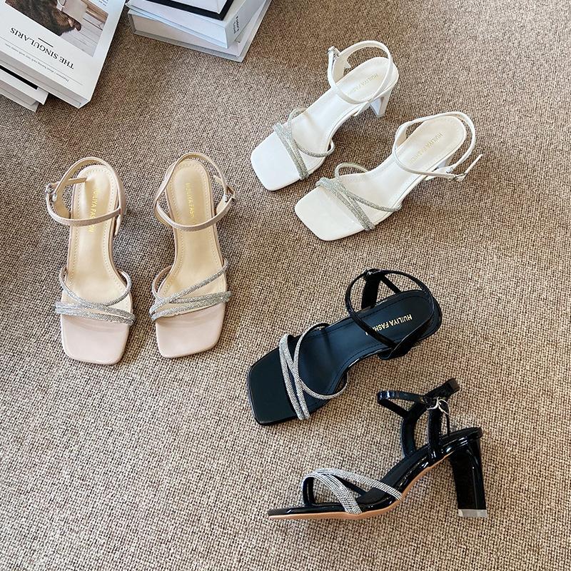 X282-2 Sexy One-word Buckle with Hollow Women's Sandals 2025 New Summer Rhinestone Fairy Temperament Thick Heels