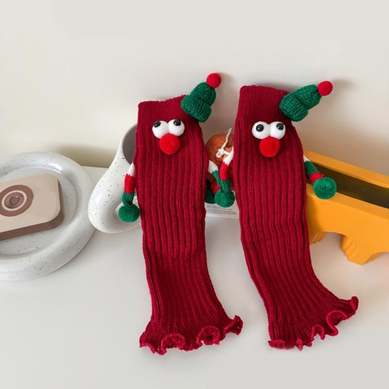 Christmas Holiday Leg Covers 3D Santa Hat Doll Magnetic Hand Holding Leg Warmers Socks with Big Curious Eyes for Women