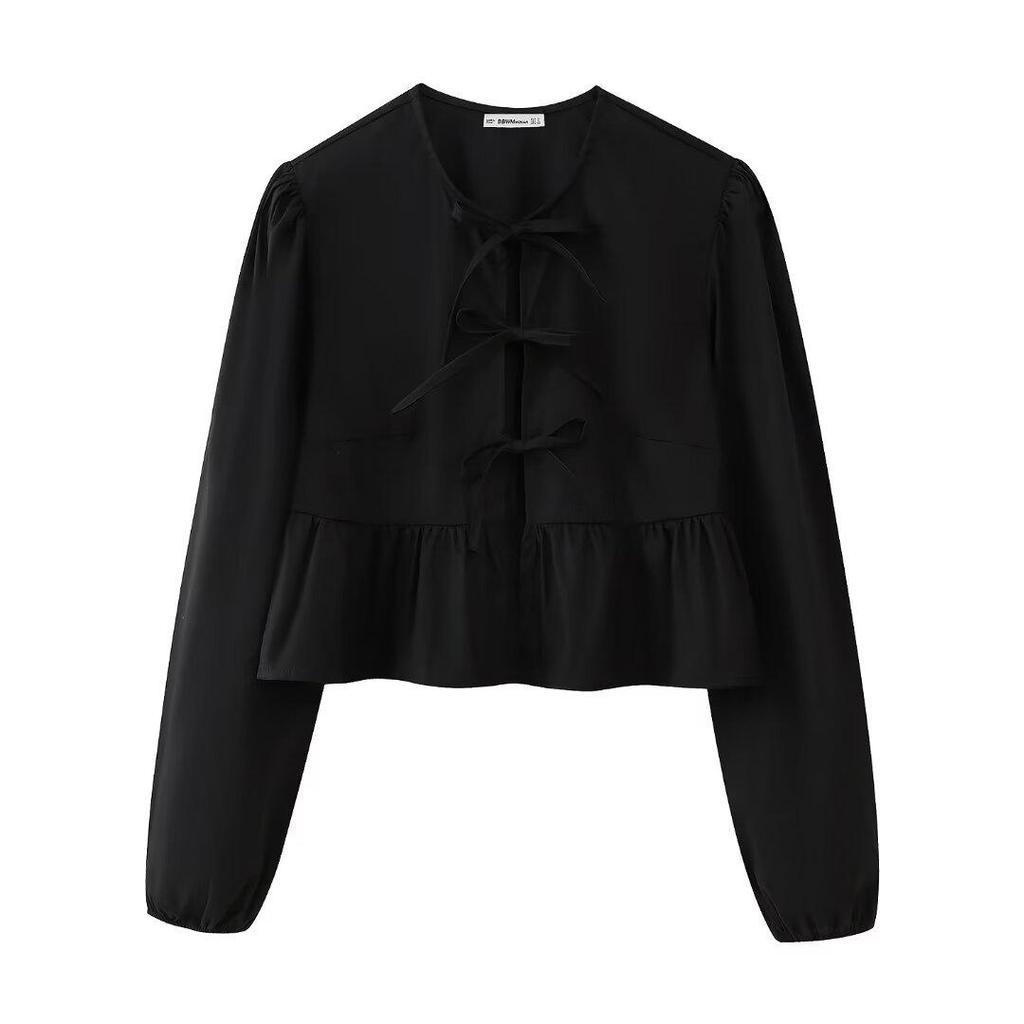 Women's Autumn/Winter Long Sleeve Bow Cardigan T-shirt - Solid Color