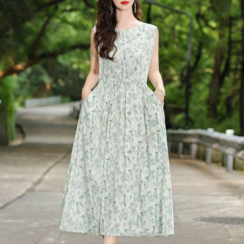New Summer Floral Cotton-Silk Sleeveless Dress - Plus Size, Loose Fit, Slimming, Vacation Style Mom’s Long Dress