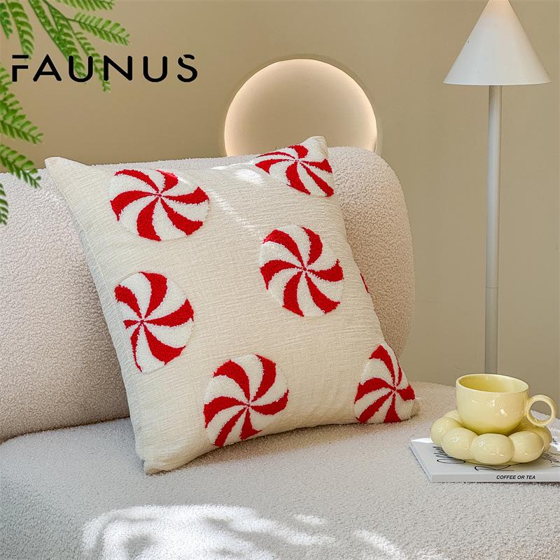 Christmas Embroidery Candy Cane & Santa Hat Tufted Throw Pillow Cover