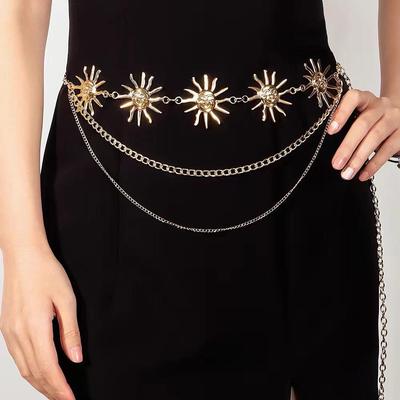 Damski Metalowy Łańcuszek do Pasa ze Słonecznikiem - Regulowany Pasek na Ciało w Stylu Europejskim i Amerykańskim Ozdoba do Sukienki