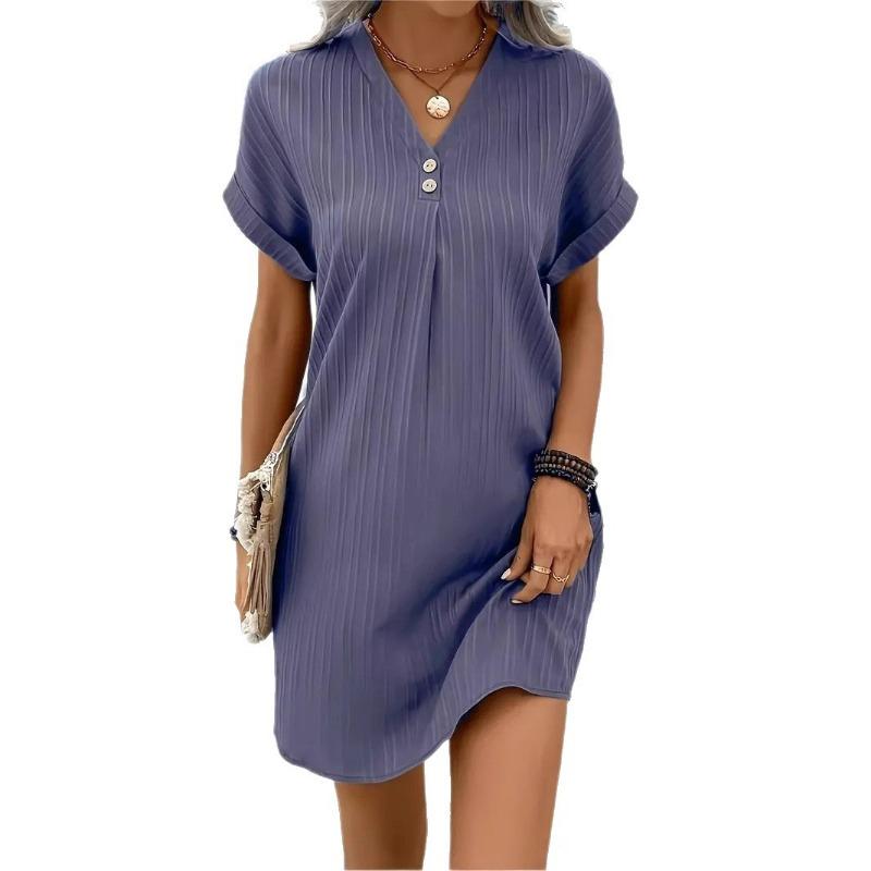 Přeshraniční evropské a americké dámské oblečení nové Amazon V-neck jednobarevné pulovrové pohodlné a ležérní knoflíkové šaty