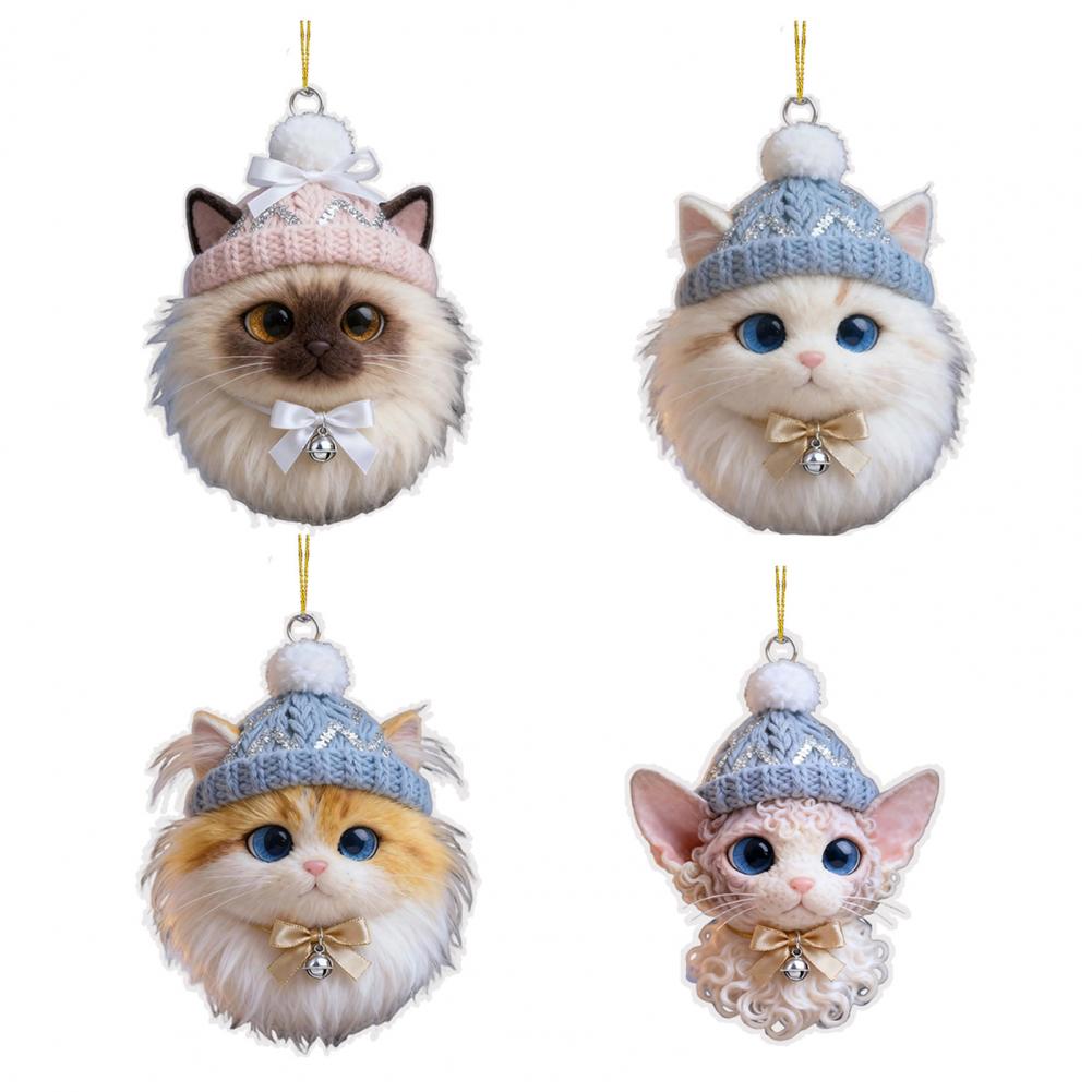 2D Acrylic Cat Dog Rabbit Hanging Pendents Plush Pet Shaped Ornament Christmas Tree Cozy Winter Animal Charm Knitted Hat Decor