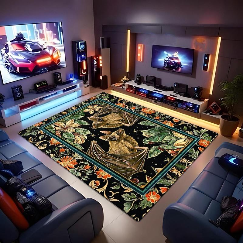 1pc Large Crystal Velvet Mat - Vintage Gothic Bat & Floral Design Indoor/Outdoor Mat, Anti-Slip Machine Washable for