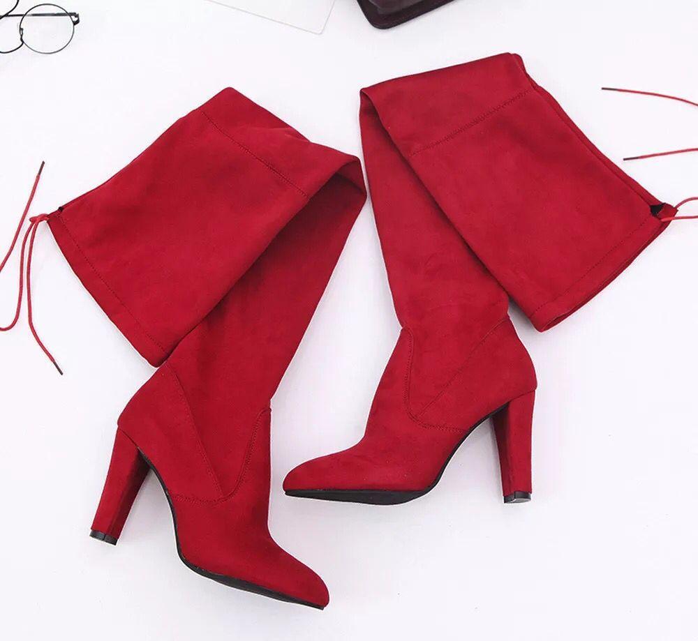 

2025 осень и зима новые импортные сапоги большого размера женские европейские и американские длинные сапоги толстые каблуки с острым каблуком эластичные сапоги 35 красный