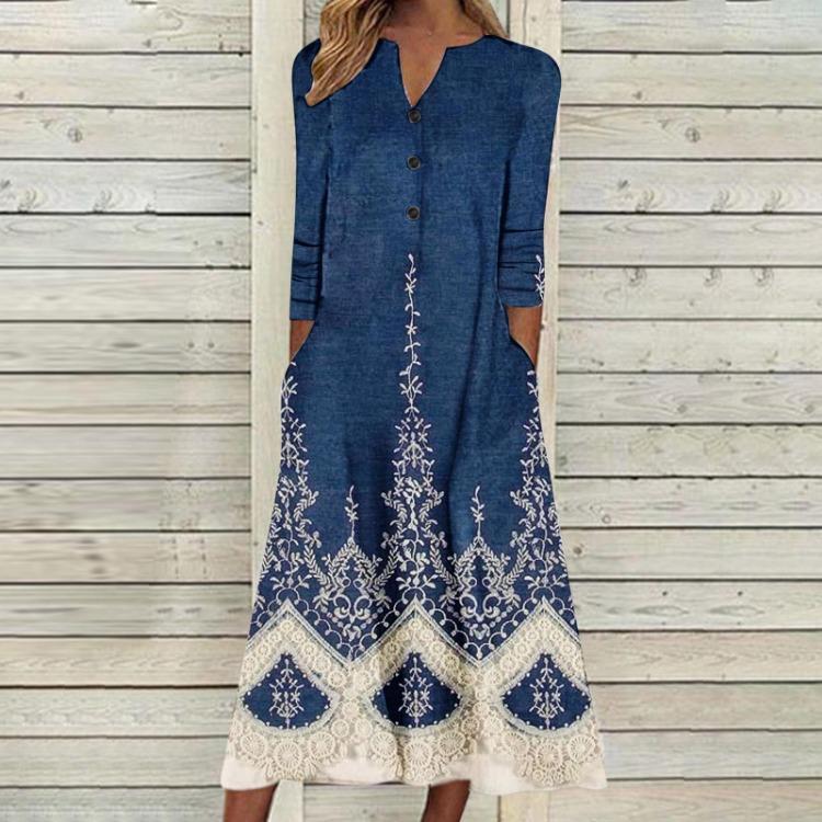 2023 Autumn Women Printed Maxi Dress Long Sleeve Open Chest Skirt Fashion Trendy