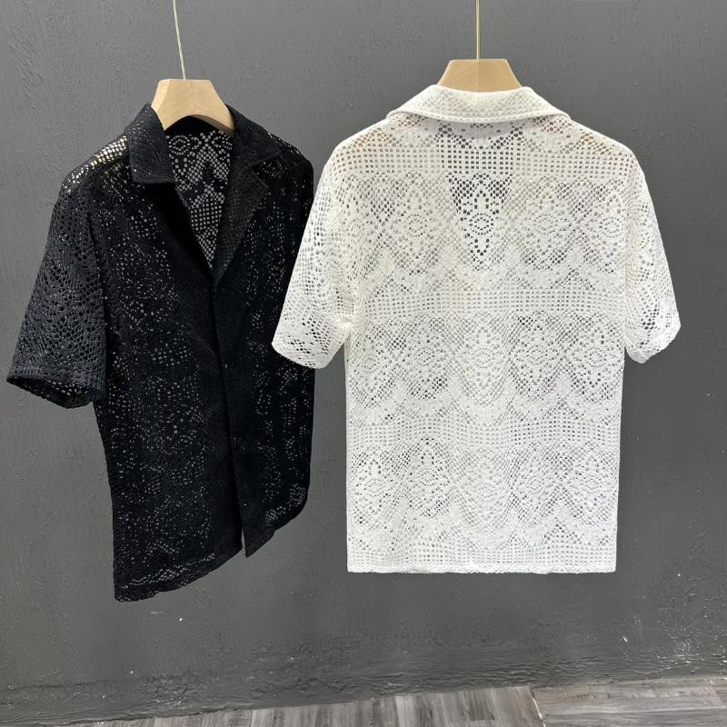 Pánská košile Nová Krátký rukáv Letní Tenká Ležérní Retro Prodyšná Prolamovaný Krajkový Top Elegantní Out Hombre Módní