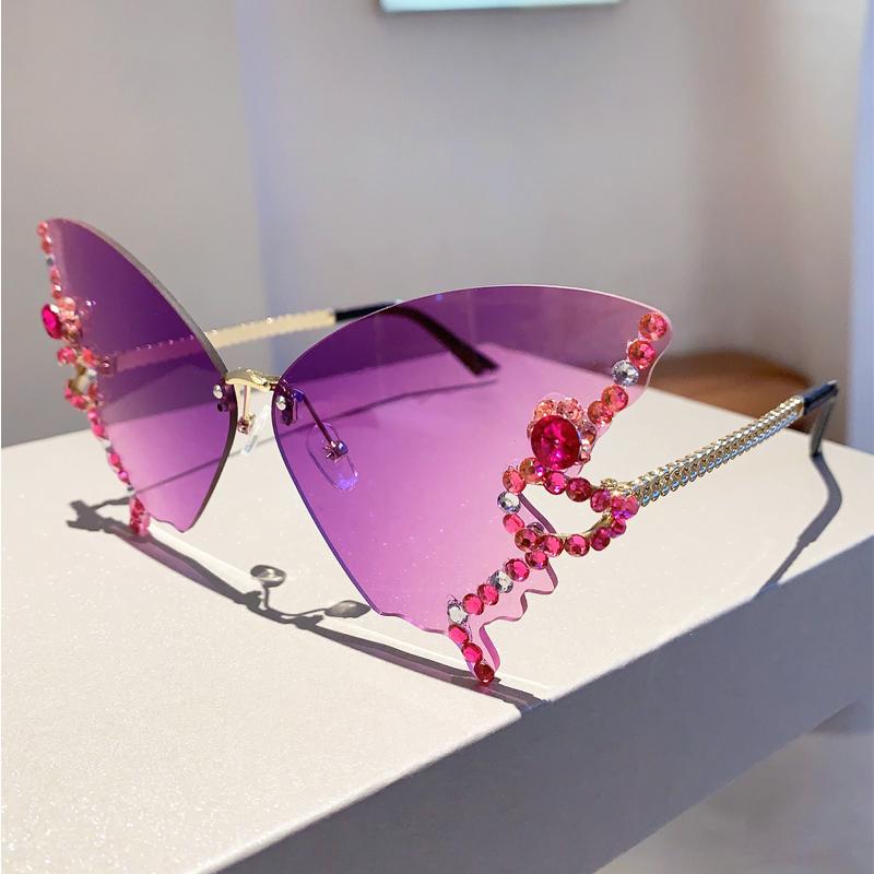 Rimless Butterfly Sunglasses with Rhinestones  New Gradient Multicolor Women Shades Trendy Oversized Party Eyewear