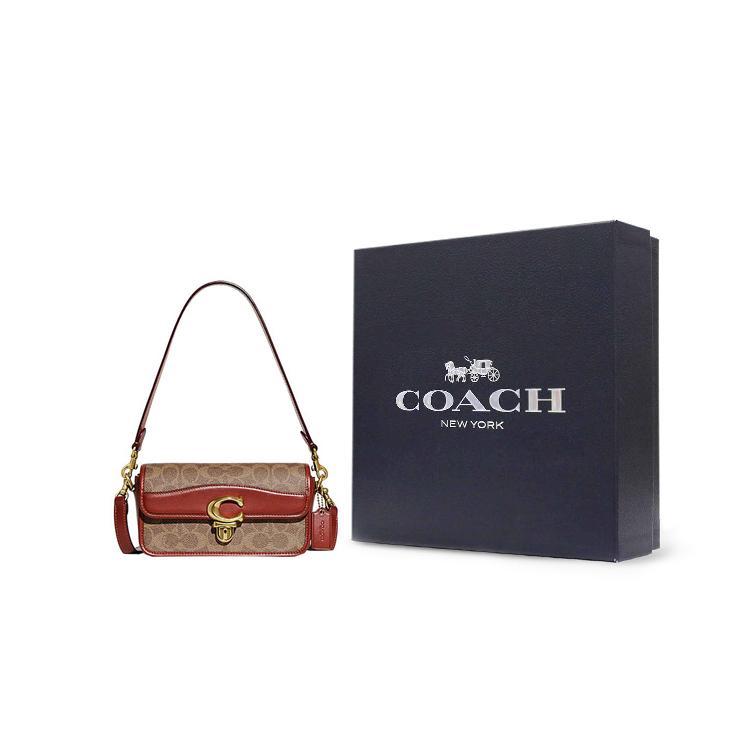 New COACH Studio Cow Leather Shoulder Bag, Small Square Bag, Handbag, Shoulder Bag, Crossbody Bag Women's Brown & Red CE764-B4NQ4