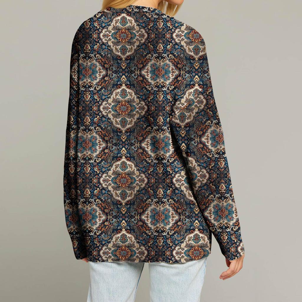 Women's Fashion Long Sleeve Christmas Print V-Neck Button Loose Cardigan Top