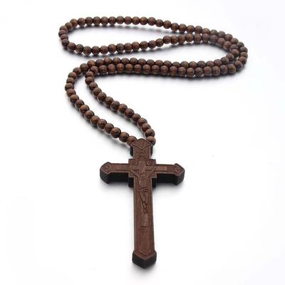 Wood Handmade Rosary Necklace Car Ornament Catholic Wood Beads Necklace Mellow Religious Crucifix Pendant Chain Women