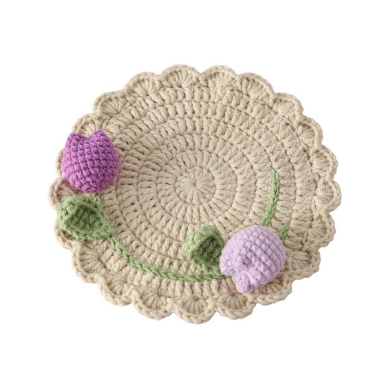 

Bright Double Tulips Design Handwoven Coasters Kitchens Table Decors Handcrafted With Snowy Line Materials фіолетовий