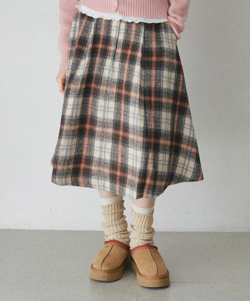 Belloel Check Pleated Midi Long Skirt Beige
