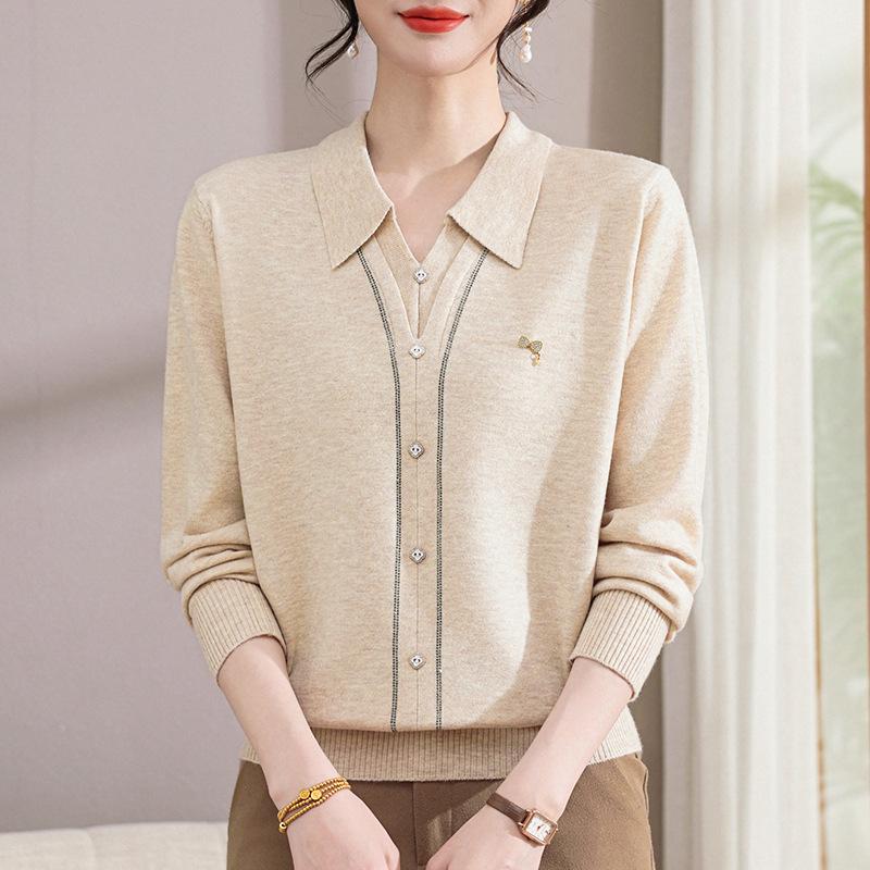 

2026 Women s Long Sleeve Lapel Knitwear - Solid Color Sweater for Middle-aged & Elderly Moms for Spring & Autumn XL (95-115 jin)