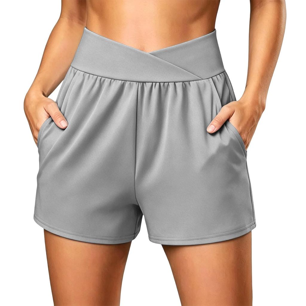 Women's Summer Casual Sport Yoga Shorts with High Waist Cross Waistband and Side Pockets Lightweight Breathable Fabric