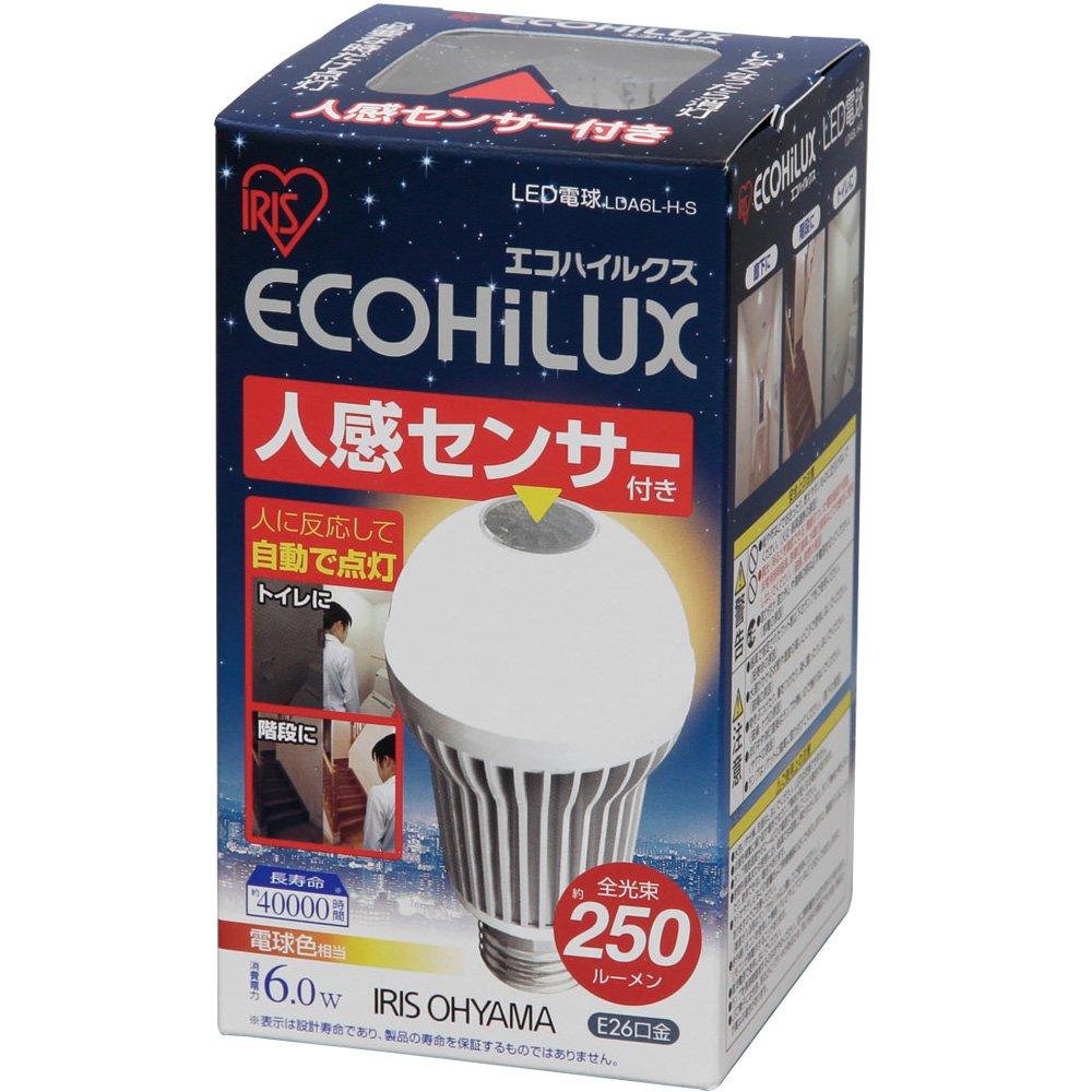 Iris Ohyama Eco Hilux LDA6LHS LED Bulb, 26mm Base Diameter, 20W Equivalent, Warm White, Downward Facing, Motion Sensor
