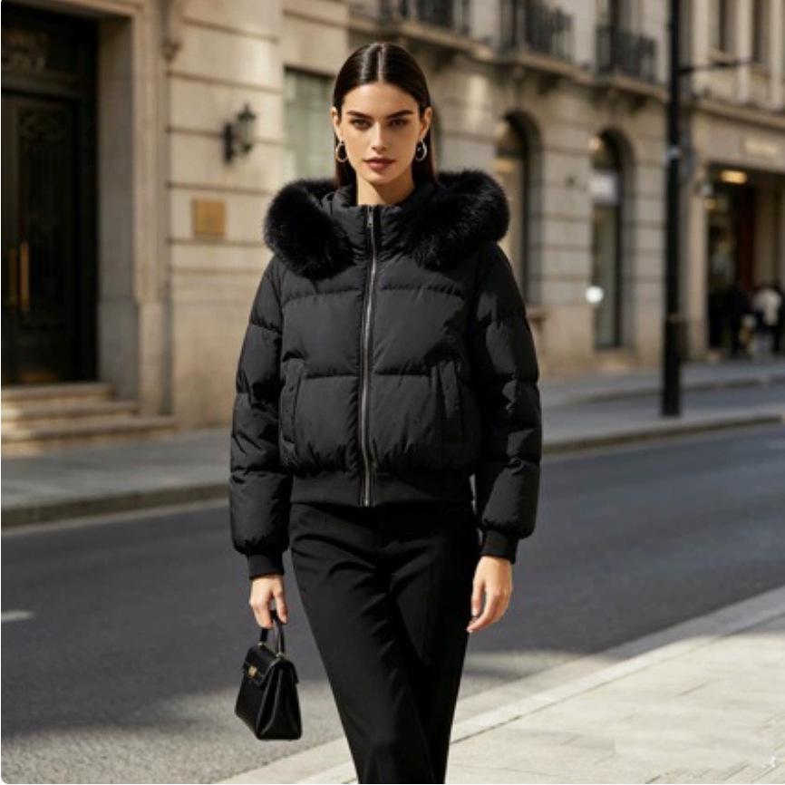 Women's Winter Hooded Fur Collar Down Jacket - Thickened Short Cotton Coat