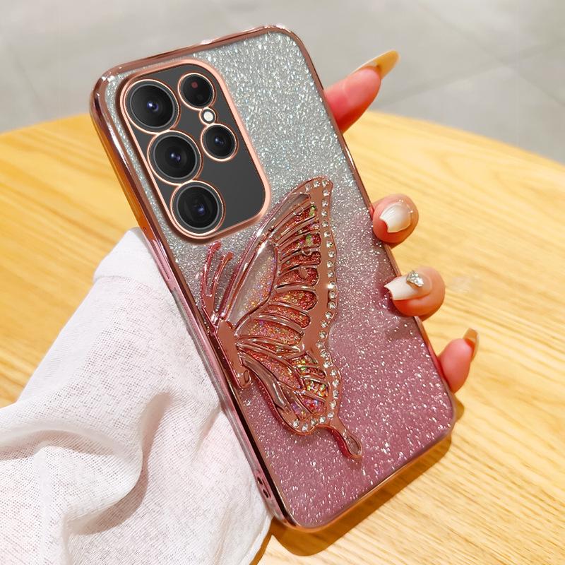 Applicable to Samsung S25ULTRA mobile phone case A05 electroplating glitter NOTE20 diamond-encrusted quicksand butterfly bracket A53 set