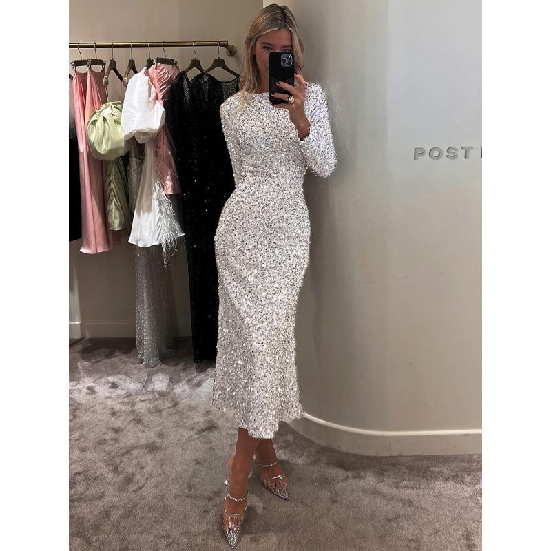 

Женское платье с пайетками, осенне-зимнее, бархатное, с бисером, облегающее платье-рыбий хвост, вечернее платье L серебряный