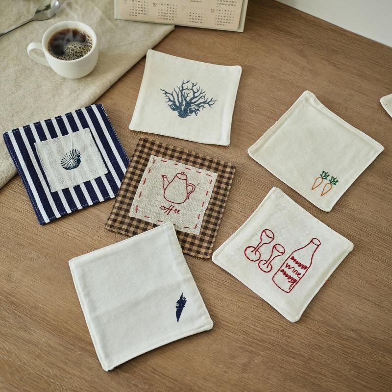 4PCS Cotton Linen Coffee Cup Mats Rustic Farmhouse Style Crochet Embroidery Coaster Absorbent Placemats for Kitchen Table Decor