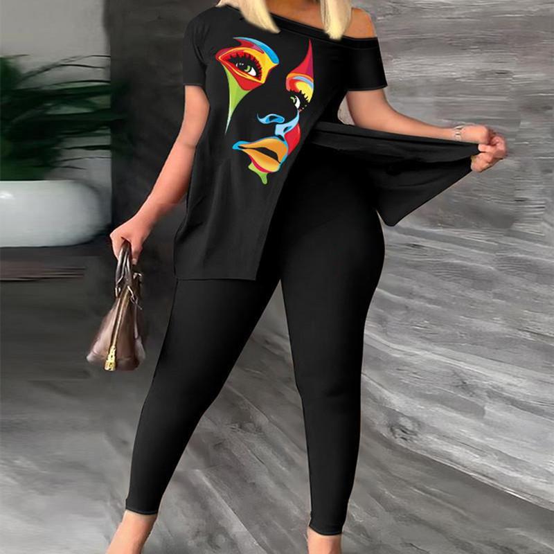 Set de două piese cu imprimeu la modă de vară pentru femei, cu umăr dezactivat, cu mânecă scurtă, tricou desfăcut, jambiere, subțire, costum 2 piese pentru femei