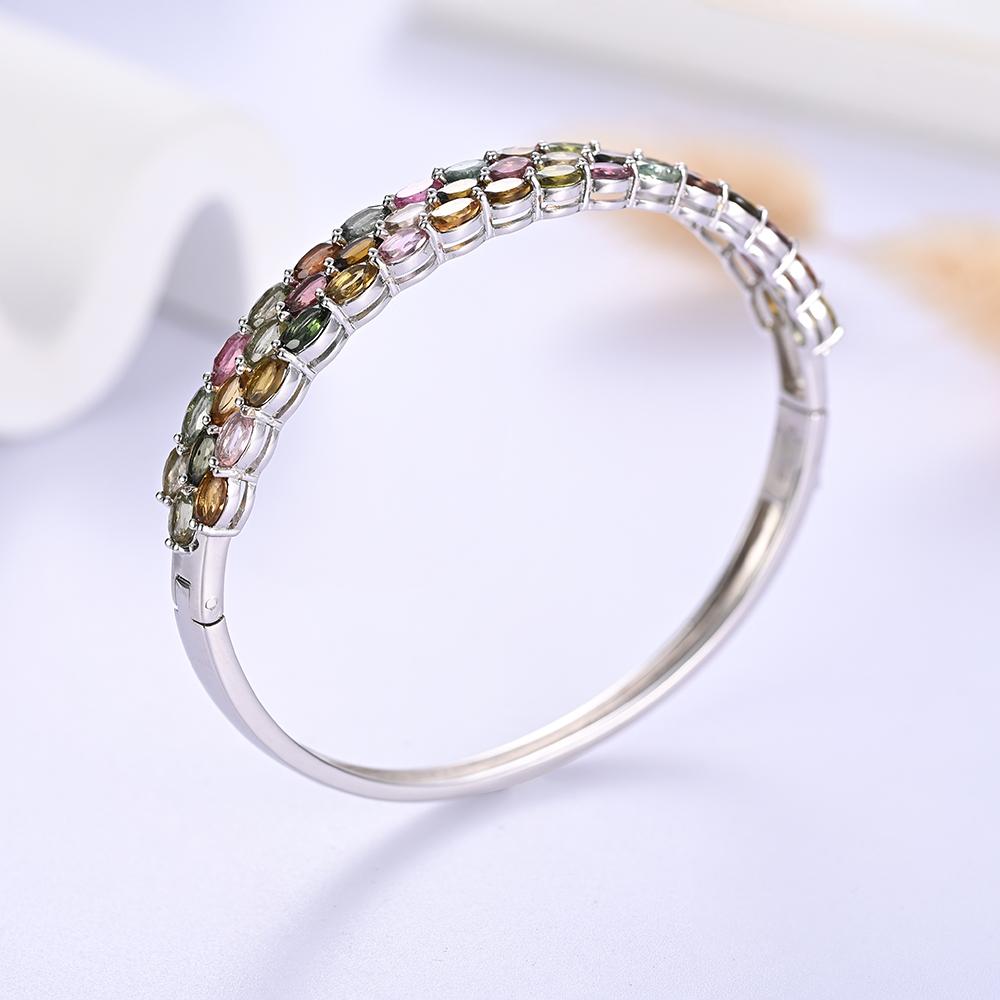 Natural Multi-Tourmaline Silver Bangle S925 Silver Fine Jewelry with Colorful Real Gemstones Fine Jewlery for Women Nice Gift