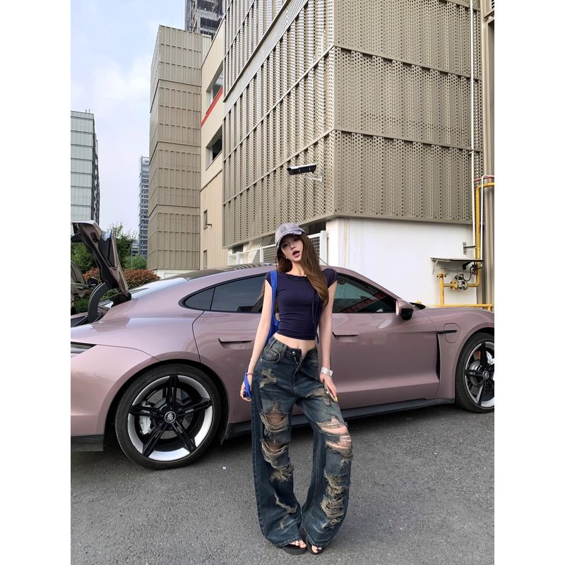 Kumikumi Retro Set Backless Lace-up Short sleeve T-shirt Women Summer Ripped Jeans Wide Leg Pants Two-piece Set