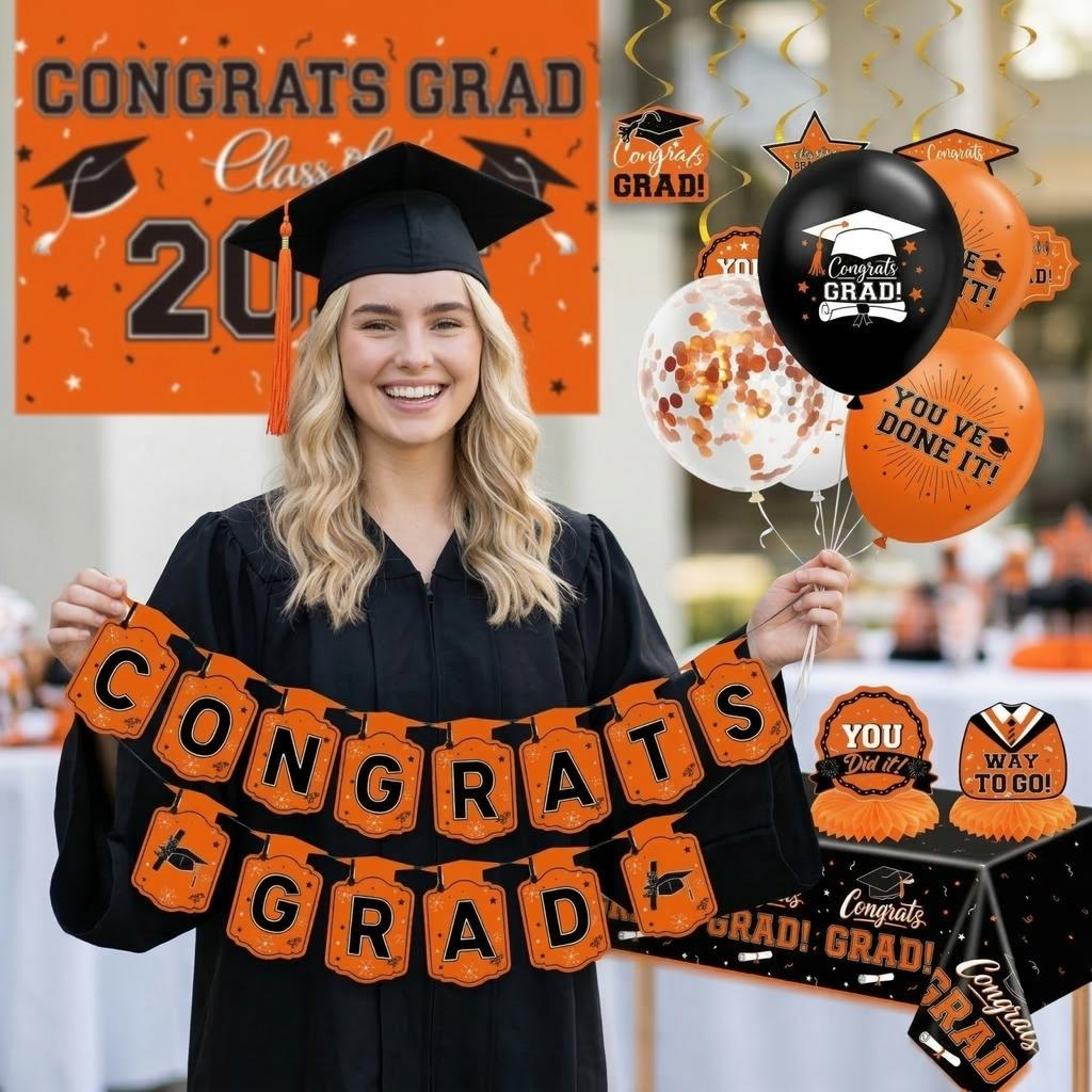 Graduation Party Supplies Set Includes Banner Tablecloth Balloons Hanging Swirls Centerpieces and Backdrop for Class of 2026 Decorations