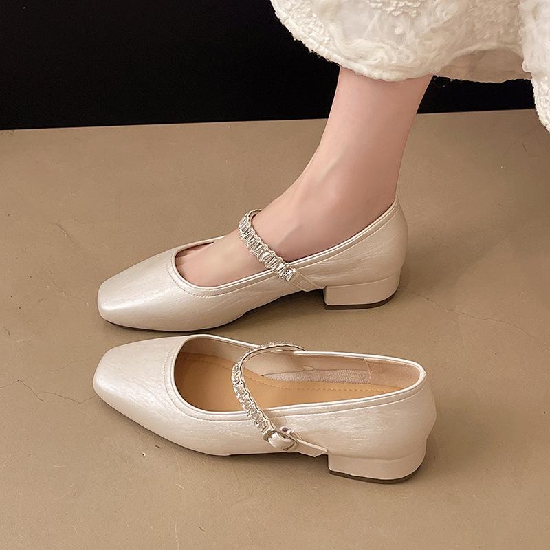 2025 French temperament rhinestone single shoes square head retro comfortable Mary Jane shoes thick heel elegant fairy style with skirt