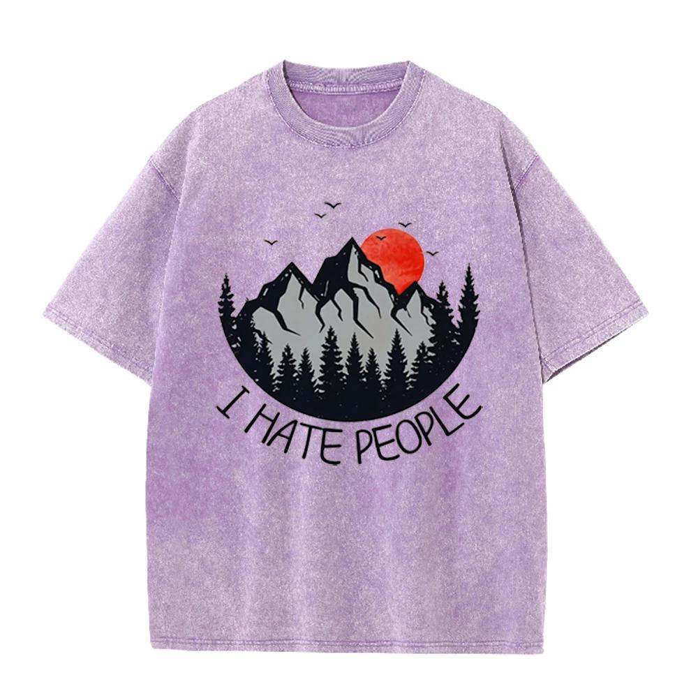 2026 Vintage Mountain Pine Forest Red Sunset Bird Graphic Brown Acid Washed T Shirt Retro Outdoor Funny Slogan Oversized Unisex