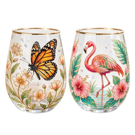 Bicchiere da cocktail Farfalla Fenicottero, Tazza Giardino Fiorito Dipinta a Mano, Bicchiere da Vino Succo con Bordo Dorato, Regalo Unico per Lei