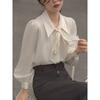 Lantern Sleeve Temperament Fall and Winter Bow Shirt White Blouse Female Long Sleeve Tie Design Sense Career Tops Temperament Elegant Fashion Top