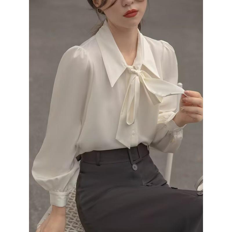 Lantern Sleeve Temperament Fall and Winter Bow Shirt White Blouse Female Long Sleeve Tie Design Sense Career Tops Temperament Elegant Fashion Top