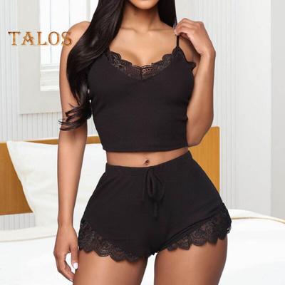 2 Pcs/Set Women Pajamas Set Lace V Neck Sleeveless Elastic Top Drastring Elastic High Waist Slim Fit Shorts Homewear Vest Shorts Set Summer Casual