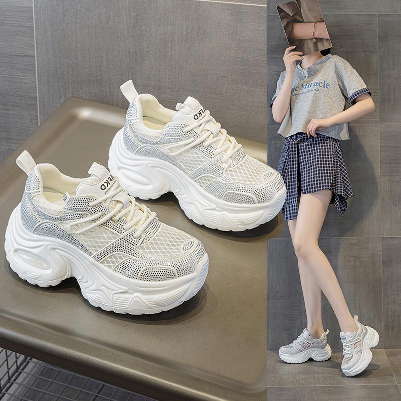 Women's Summer Rhinestone Mesh Dad Shoes - Thick-Soled, Breathable, Casual Sports, Size 34 Platform