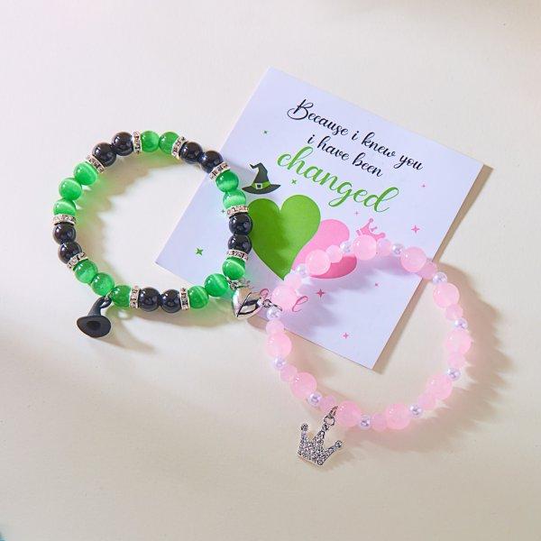 2pcs Magic Stick Hat Crown Matching Bracelets for Women Sweet Pink Green Bead Handmade Stretch Bracelet BFF Jewelry Gifts