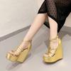 Fashion Eilyken Summer Golden Open Toe Narrow Band Platform Wedges Woman Sandals Fashion Hollow Out Thick Bottom High Heels Shoes