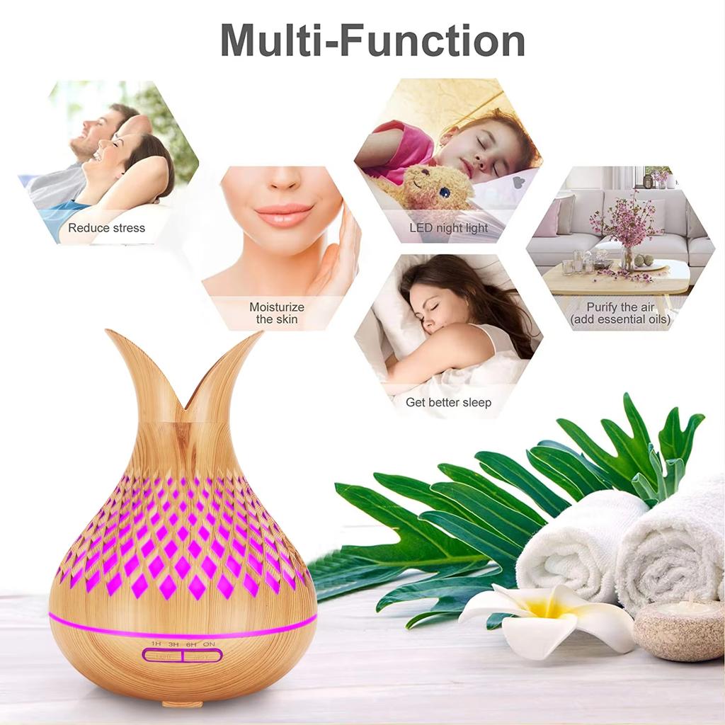 Umidificator de aer cu ulei esențial nou, 400/500ML, ceață, ceață rece, aromaterapie, acasă, USB, 7 culori, cu LED, lumină de noapte, parfum, difuzor din lemn