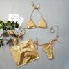 Glänzendes Goldenes Silber 3-teiliges Bikini-Set mit Überwurf Sexy Mikro-String Badeanzug Damen 2025 Kordelzug Neckholder Bademode Strandbekleidung