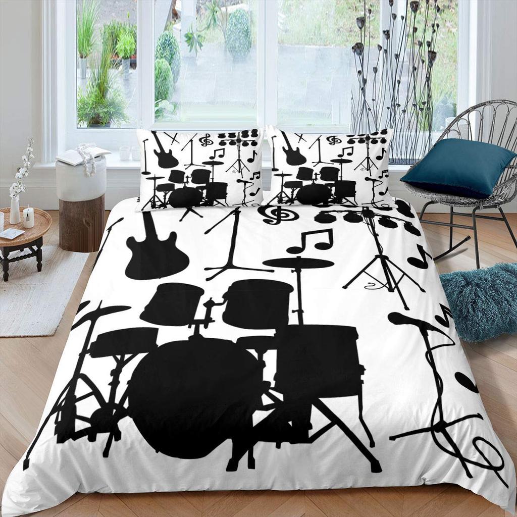 Rockmusik Weiß und Schwarz Bettbezug Doodle Zeichnung Skizze Schlagzeuger Musikalische Inspirationen Monochromes Arrangement Dekorativ Kinder