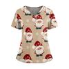 Women's Christmas Print V-Neck Short Sleeve Top with Pockets and Side Slit Work Uniform