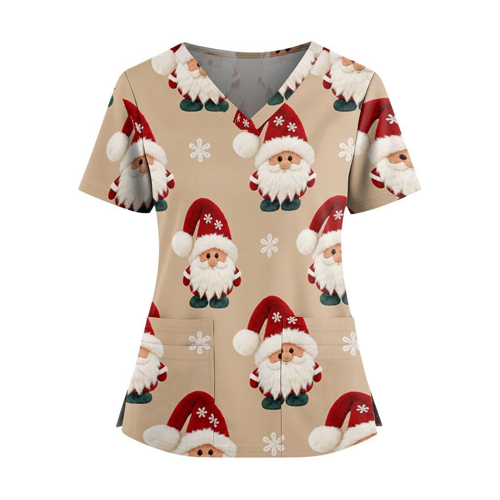 Women's Christmas Print V-Neck Short Sleeve Top with Pockets and Side Slit Work Uniform