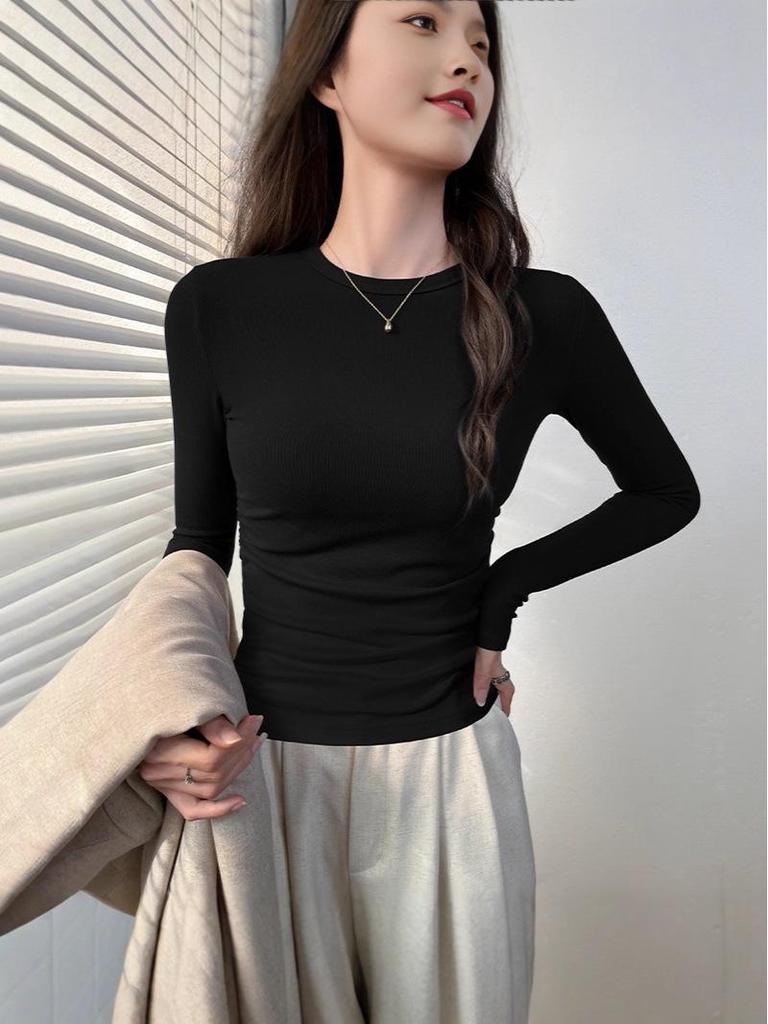 2025 Autumn/Winter Women's Solid Color Slimming Long Sleeve Round Neck Base Shirt