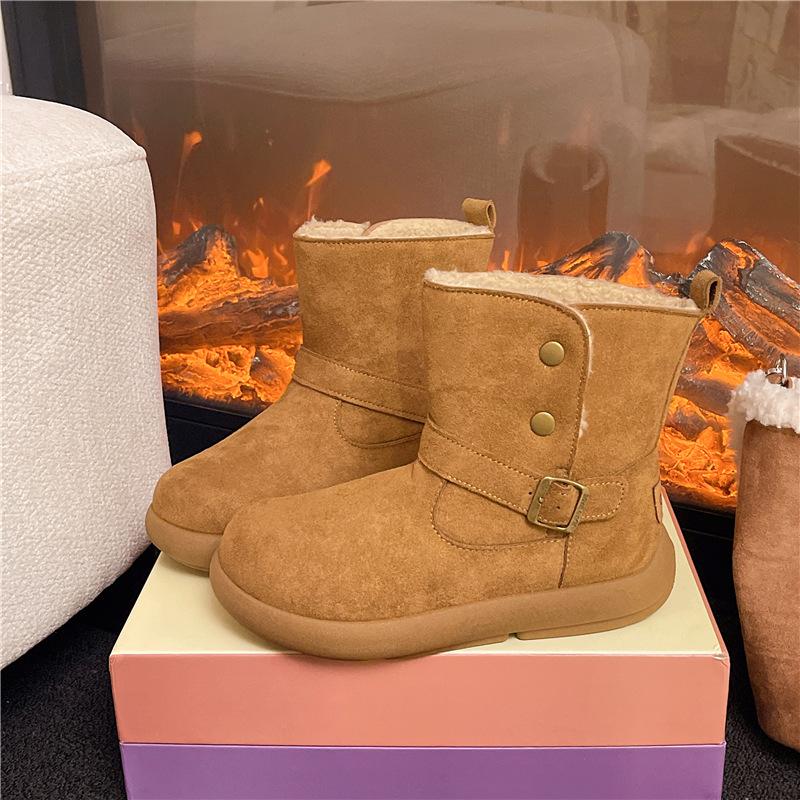 Women's Plus Size Soft-Sole Height-Enhancing Warm Winter Leather-Fur Combination Snow Boots with Plush Lining for Outdoor Sports