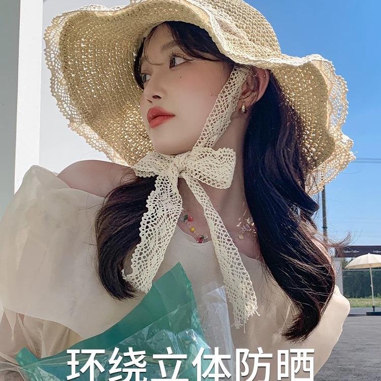 Straw hat woman, breathable lace lace lace-up, hollow straw hat, sunscreen lace edge