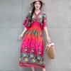 Ethnic Style V-neck Cotton and Silk Short-sleeved French Thai Style Dress for Women's Summer Printing Pastoral Style Skirt for Vacation Wear